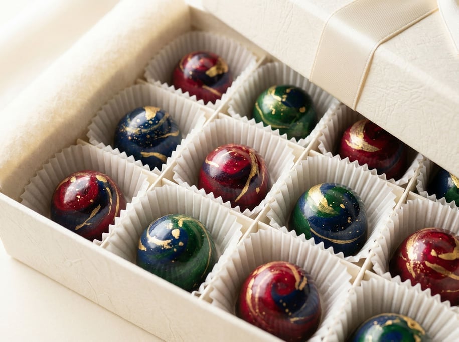Chocolate bonbons in a gift box, each painted with different abstract designs — ruby red