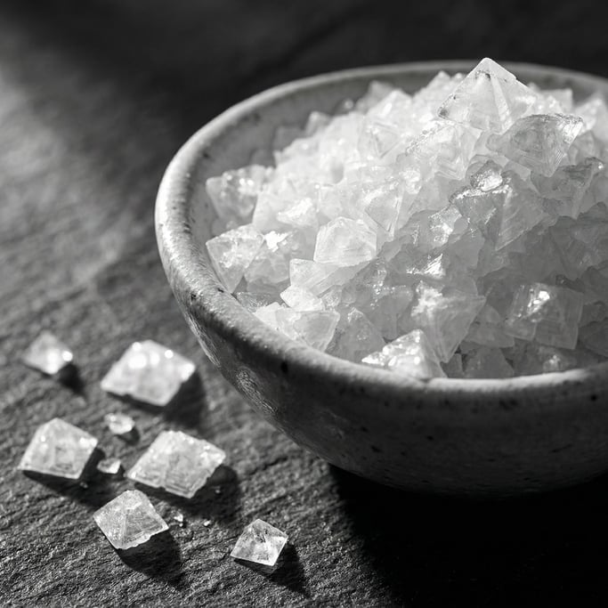 A small ceramic bowl of flaky Maldon sea salt crystals in extreme close-up