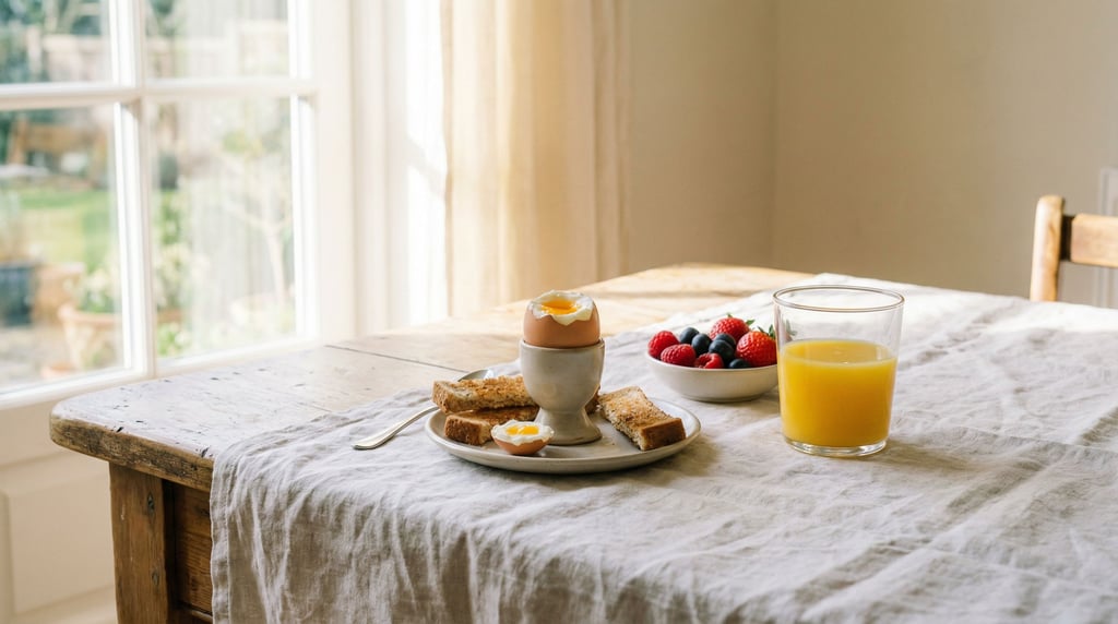 Panoramic shot of a breakfast table scene — a soft-boiled egg in a cup with the top sliced off