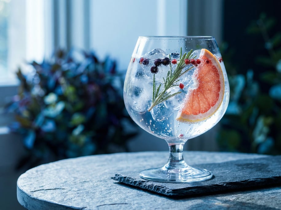 A gin and tonic in a large copa glass with botanicals visible — juniper berries
