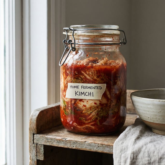 A jar of homemade kimchi packed tight