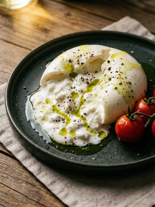 Fresh burrata on a dark plate with its creamy stracciatella center spilling outward after being torn