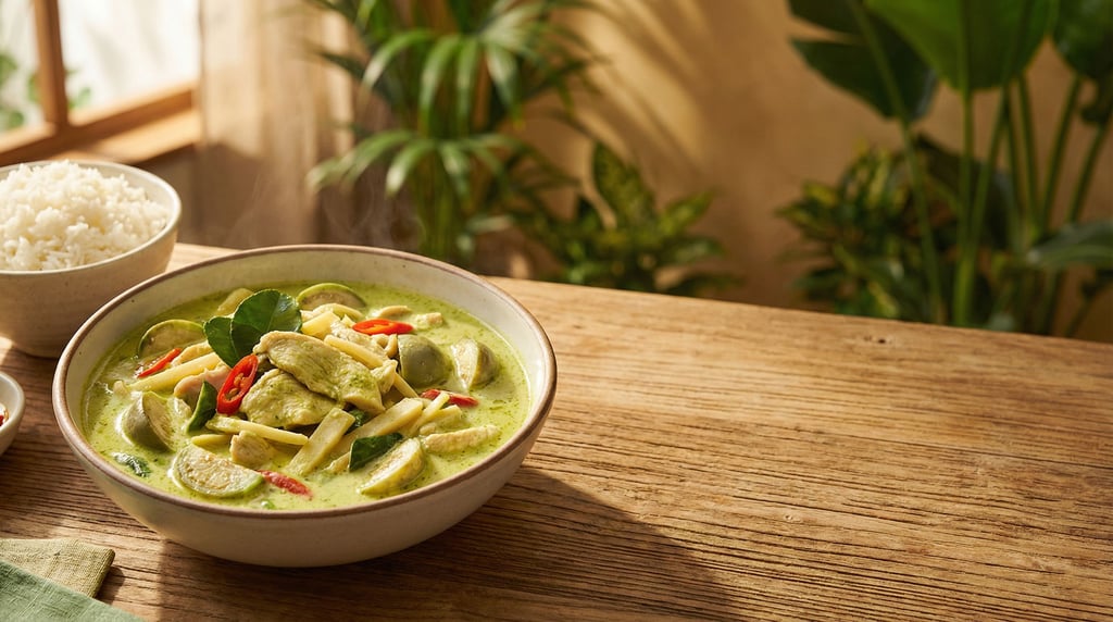 Wide shot of a Thai green curry in a deep bowl