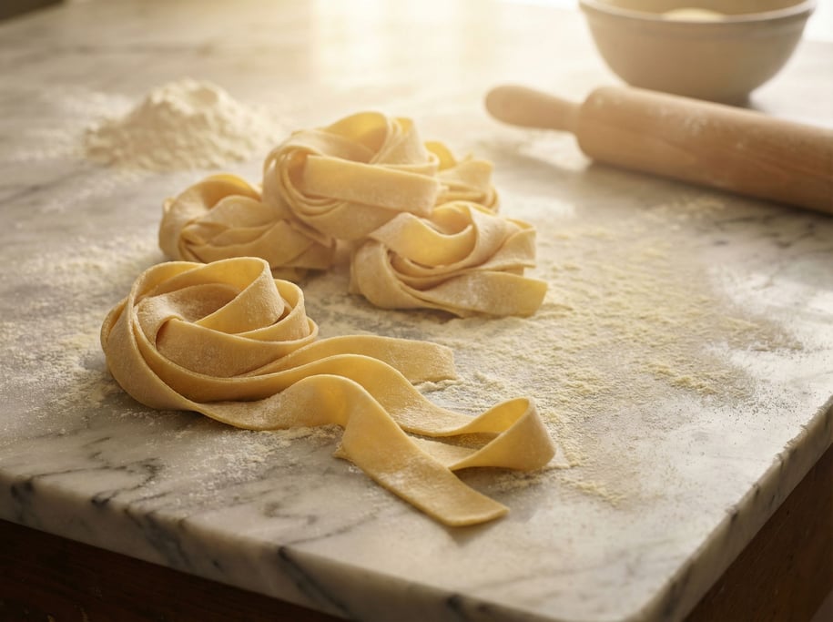 Fresh pappardelle pasta nests arranged on a floured marble surface