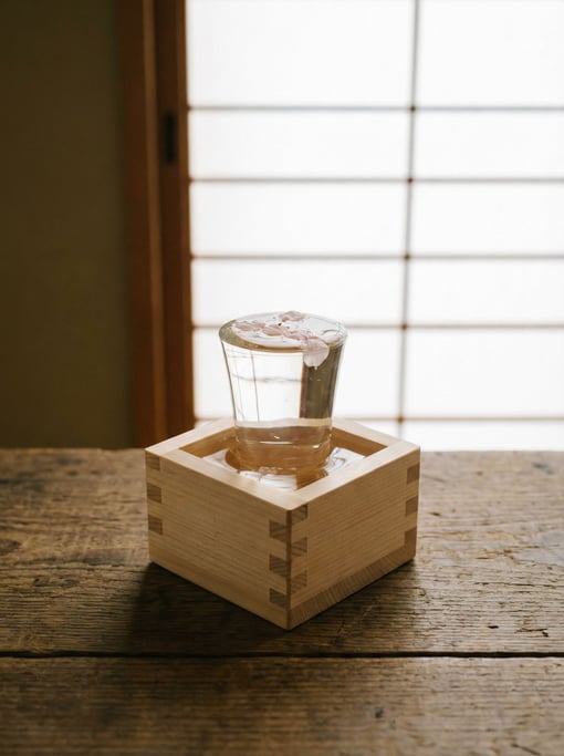 Vertical composition of sake served in a traditional cedar masu box with a glass inside