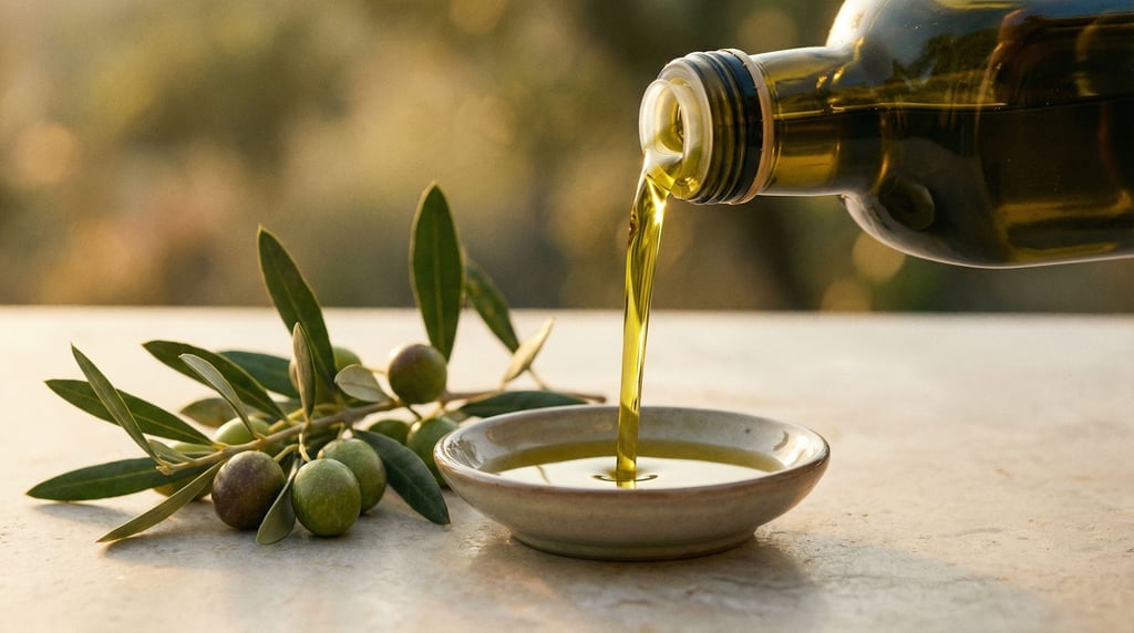 Panoramic shot of olive oil being poured from a dark bottle into a small tasting dish
