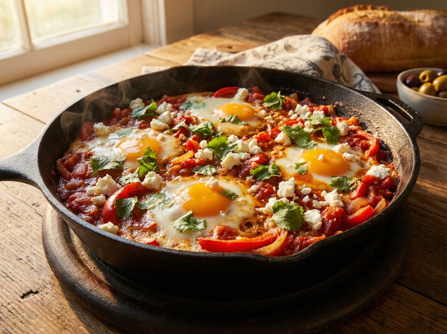 A cast-iron skillet with shakshuka — eggs poached in a rich tomato sauce with peppers and onions