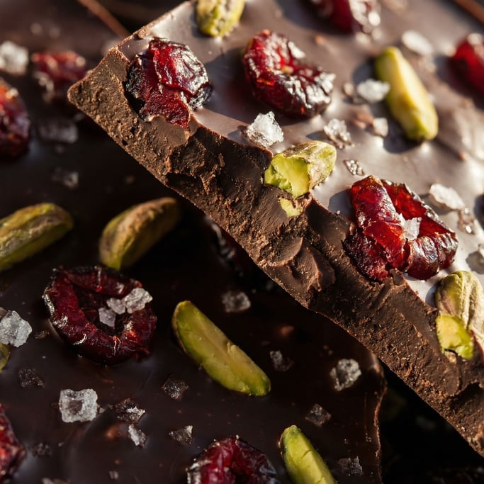 Macro detail of dark chocolate bark studded with dried cranberries, pistachios