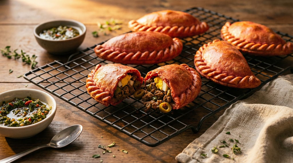 A wide shot of empanadas arranged on a wire cooling rack