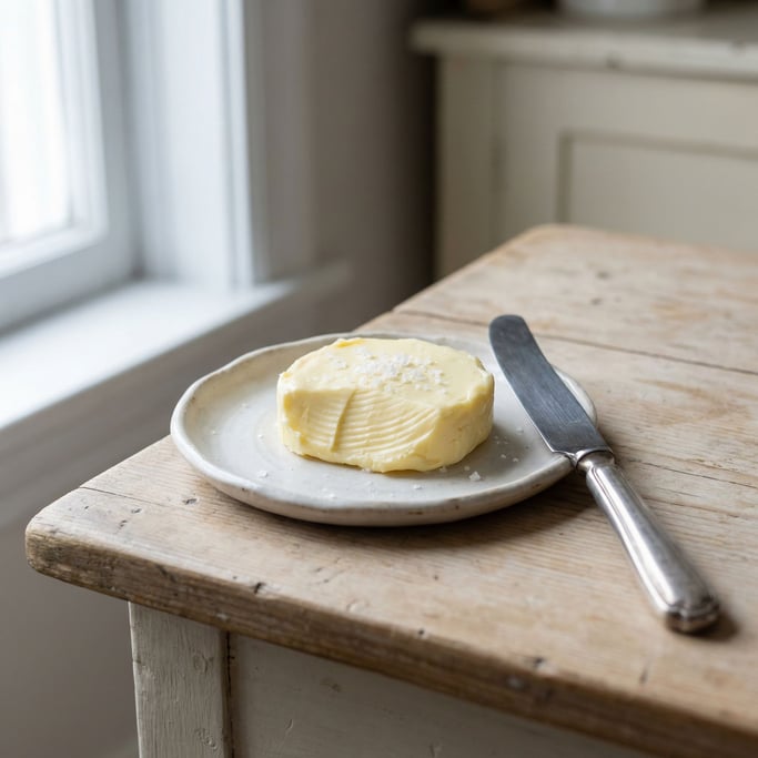 A pat of freshly churned cultured butter on a ceramic butter dish