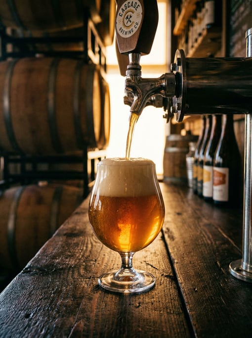 Vertical shot of a craft beer being poured into a tulip glass