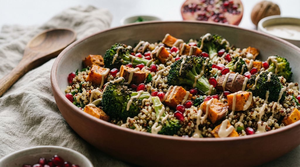 Quinoa and roasted vegetable salad in a wide shallow bowl — charred broccoli, sweet potato cubes
