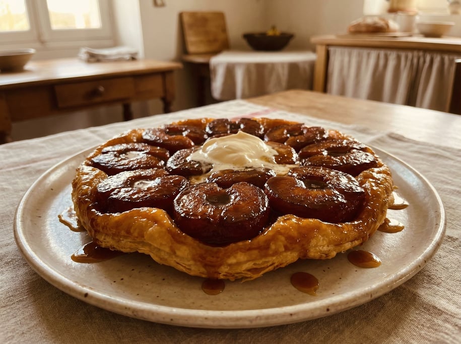A rustic tarte tatin inverted onto a ceramic plate