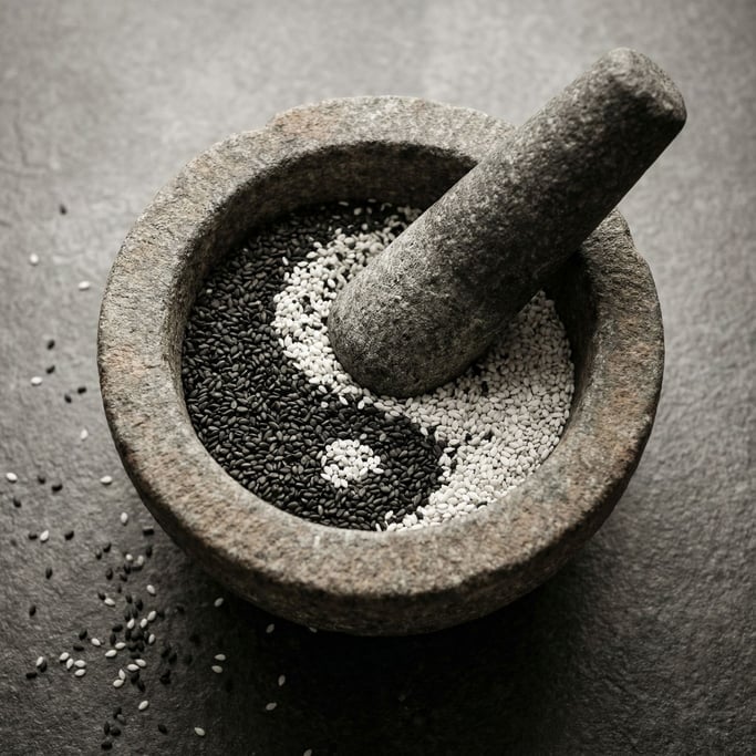 Sesame seeds — black and white — mixed together in a small stone mortar with a pestle
