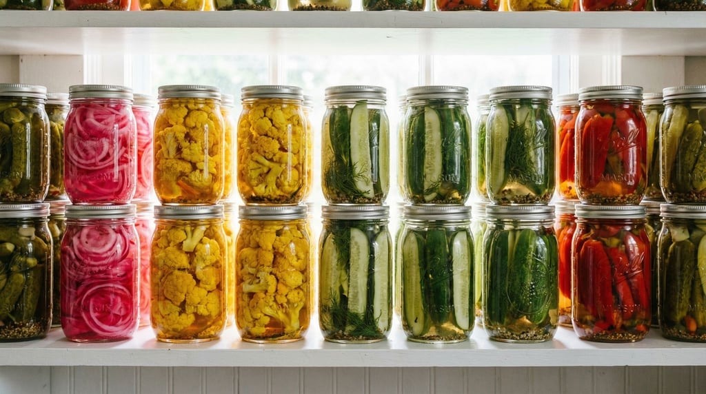 A wide arrangement of pickled vegetables in glass jars — bright pink pickled onions