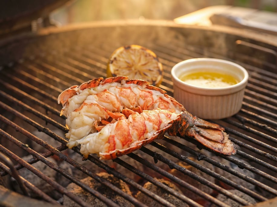 Lobster tail split and grilled, the flesh fanned open showing white and coral meat
