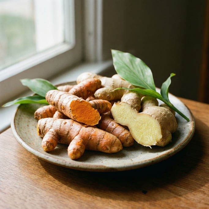 A small pile of fresh turmeric and ginger roots on a ceramic plate