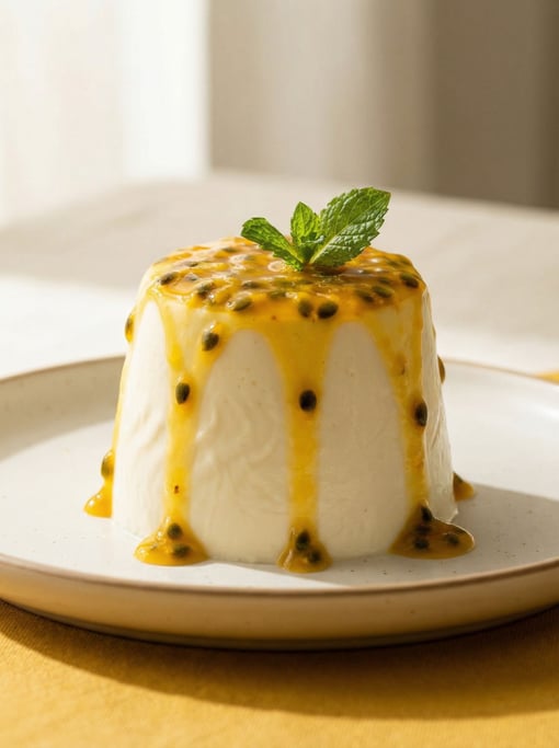 A tall panna cotta unmolded on a plate, its silky ivory surface quivering slightly