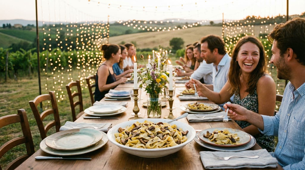 Wide landscape shot of a rustic outdoor dinner table set with ceramic plates and linen napkins