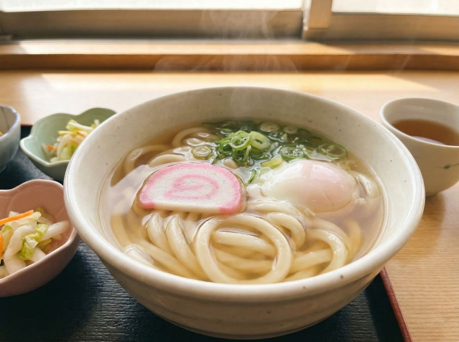 A bowl of udon noodles in a clear dashi broth, the thick white noodles coiled in the bowl