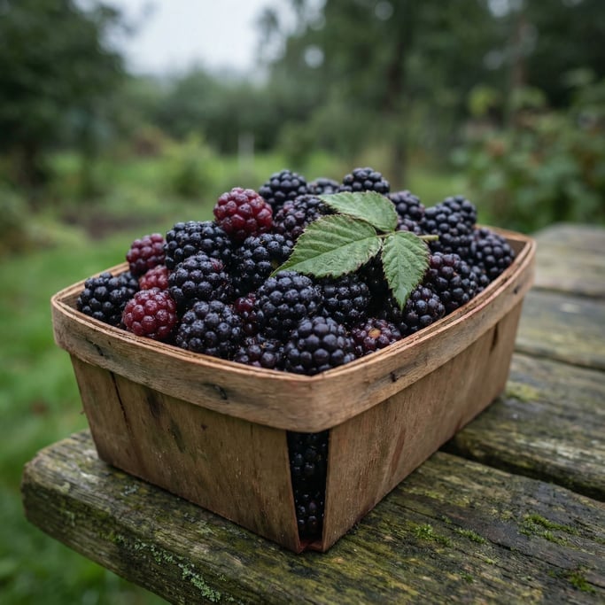 Freshly picked blackberries in a small wooden punnet, the berries still dewy with morning moisture