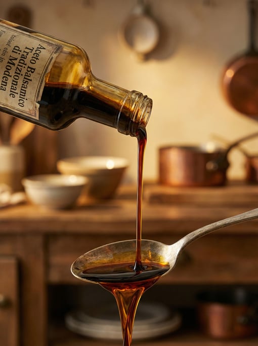 A bottle of aged balsamic vinegar from Modena tilted with a dark syrupy drizzle falling onto a spoon