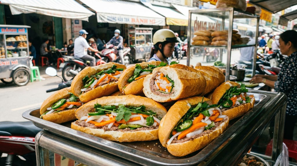 A wide shot of banh mi sandwiches on a tray — crispy baguettes split and filled with pâté