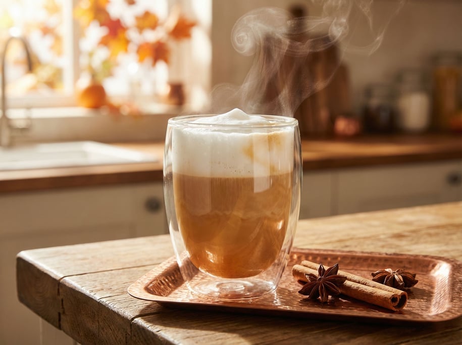 A chai latte in a clear double-walled glass showing the layered milk and spiced tea