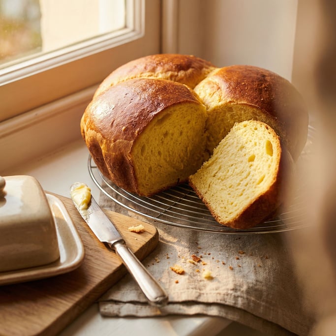 A brioche loaf on a cooling rack, the top deeply golden and pillowy