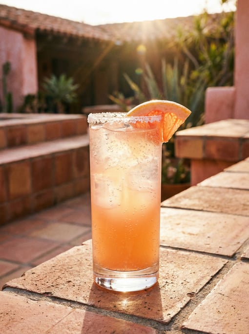 A tall Paloma cocktail in a salt-rimmed highball glass, grapefruit-pink liquid over ice