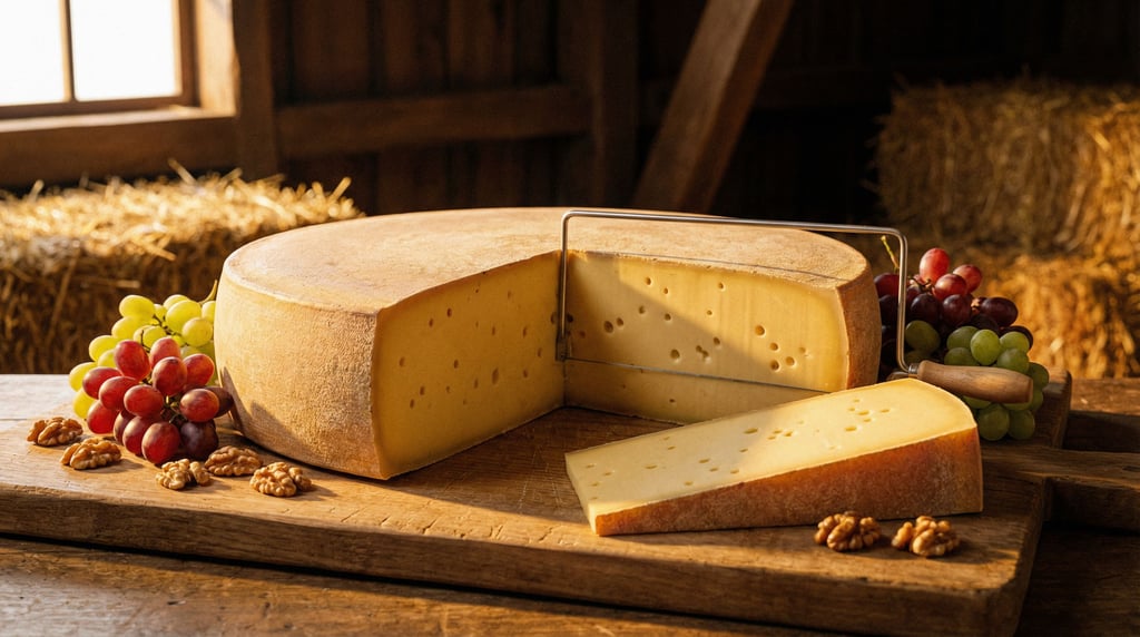 Wide shot of a whole Gruyère wheel cut into with a wire