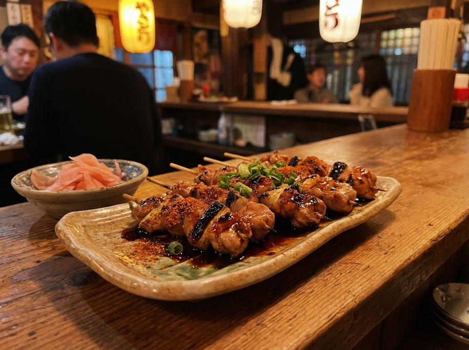 A platter of chicken yakitori skewers glistening with tare glaze, charred at the edges
