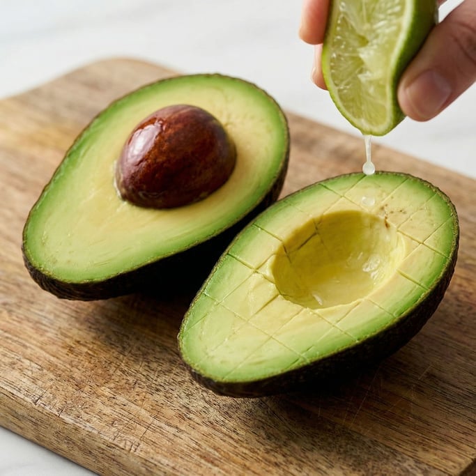Close-up of a ripe avocado halved on a cutting board