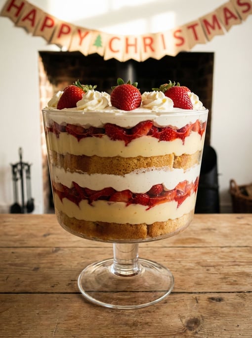 A tall layered trifle in a glass serving dish showing distinct strata — sponge cake soaked in sherry