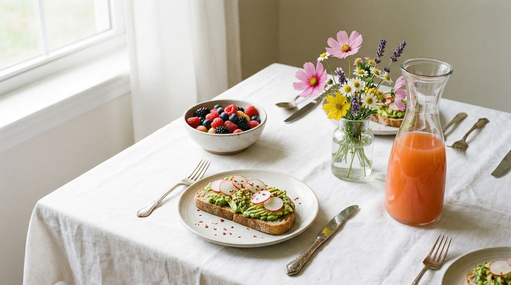 A wide tabletop scene of a brunch spread — avocado toast on sourdough, a bowl of mixed berries
