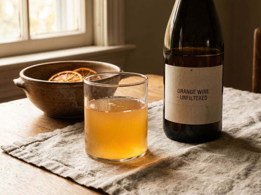 A glass of natural orange wine poured halfway, the cloudy amber liquid catching window light