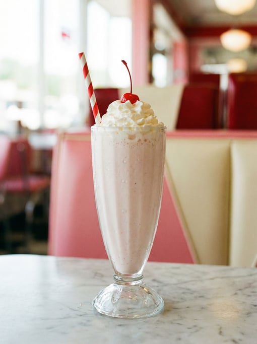 A tall milkshake in a vintage glass with whipped cream overflowing the rim, a cherry on top