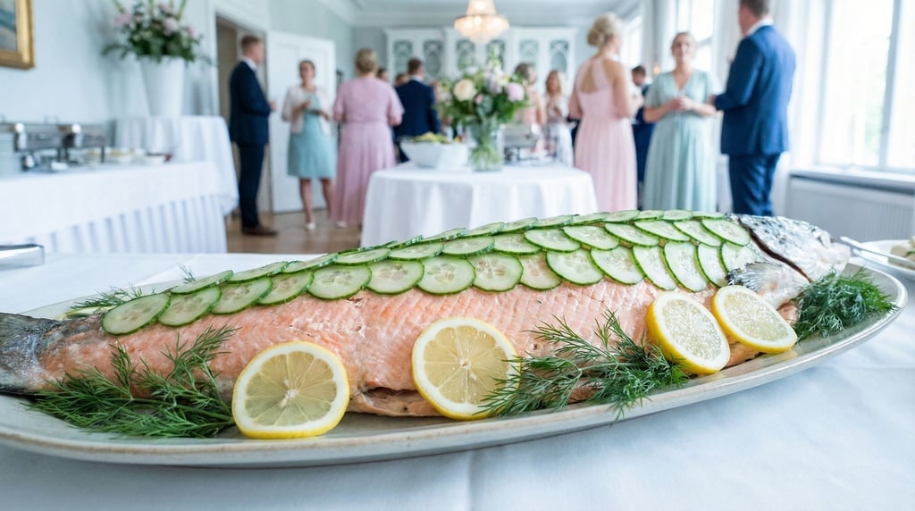 Wide shot of a whole poached salmon on a long platter garnished with thin cucumber scales arranged t