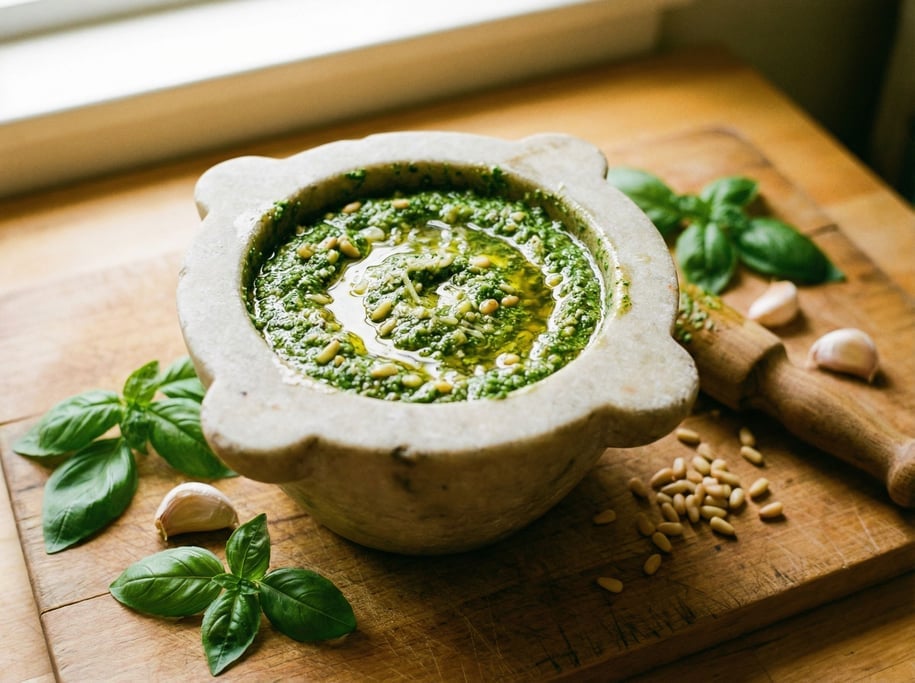 A mortar full of freshly made pesto — vivid basil green with visible pine nut pieces and grated parm