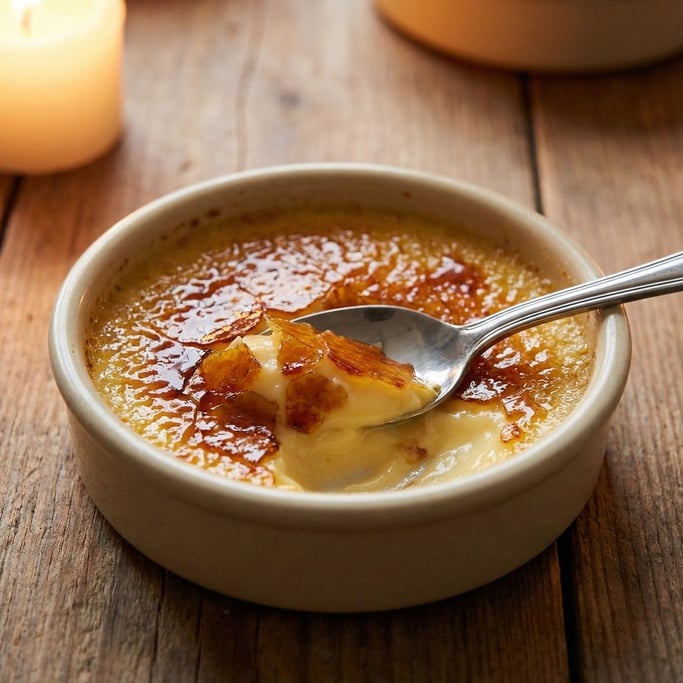 A single crème brûlée in a wide ramekin