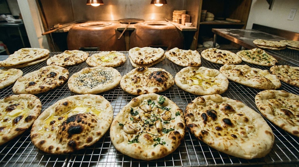 Panoramic view of fresh naan breads cooling on a wire rack, each one slightly different in shape