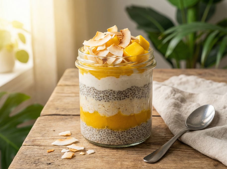 A glass jar of overnight oats layered with chia seeds, mango puree, and coconut cream