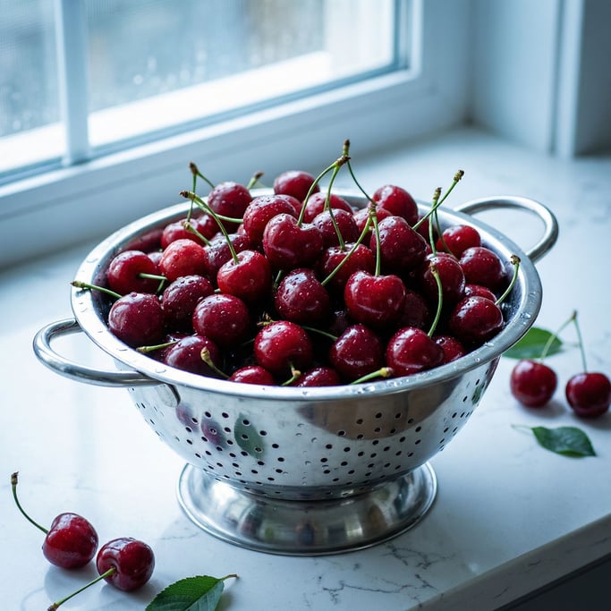 A heap of fresh red cherries with stems attached in a colander