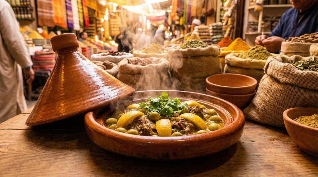 Wide shot of a Moroccan tagine just opened
