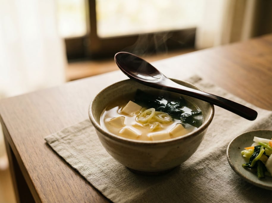 A small bowl of miso soup with silken tofu cubes, wakame seaweed, and sliced scallions
