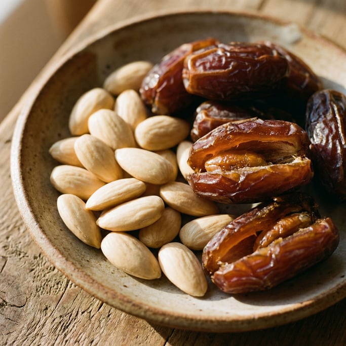 Raw almonds and Medjool dates arranged together on a ceramic plate