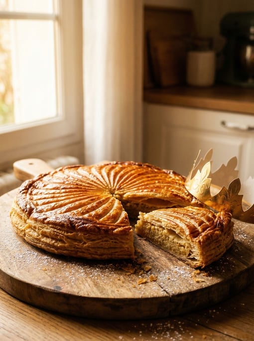 A freshly baked galette des rois on a wooden board