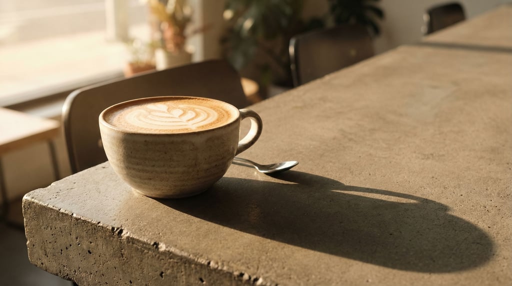 A cappuccino in a wide ceramic cup on a concrete countertop