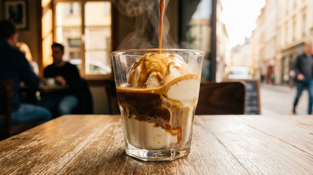 Wide shot of an affogato in a clear glass — a scoop of vanilla gelato drowning in a fresh pour of ho