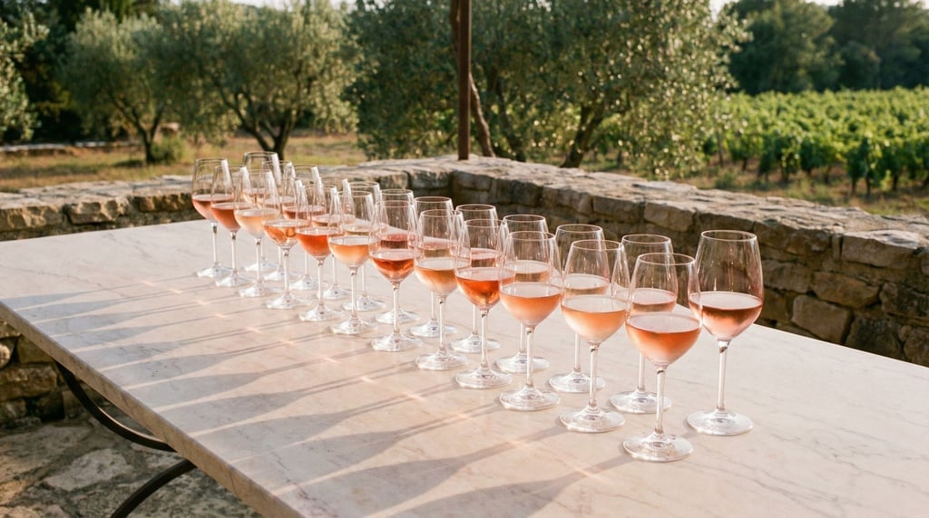 Panoramic arrangement of rosé wine glasses on a pale marble table